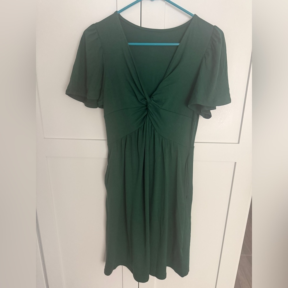 Casual Summer Twist Front V Neck Short Sleeve Mini Dress Dark Green Size Medium - Picture 3 of 4